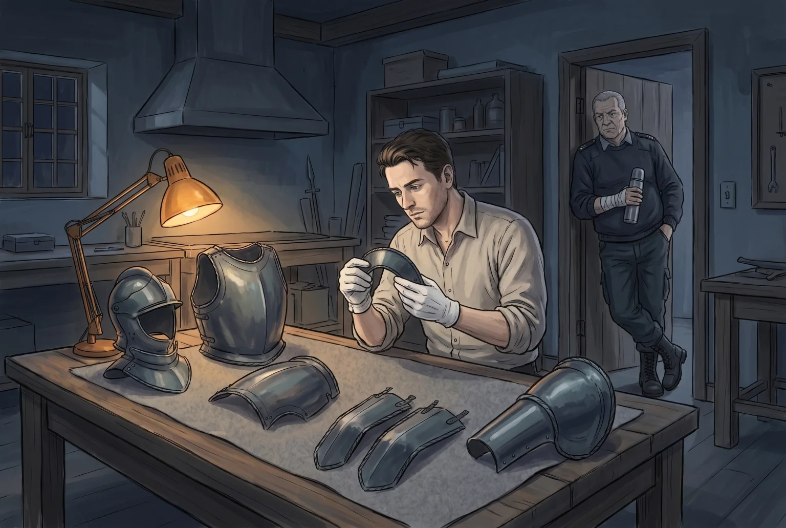 Vic studies a piece of armour beneath a warm workshop lamp, with Owen in the doorway.
