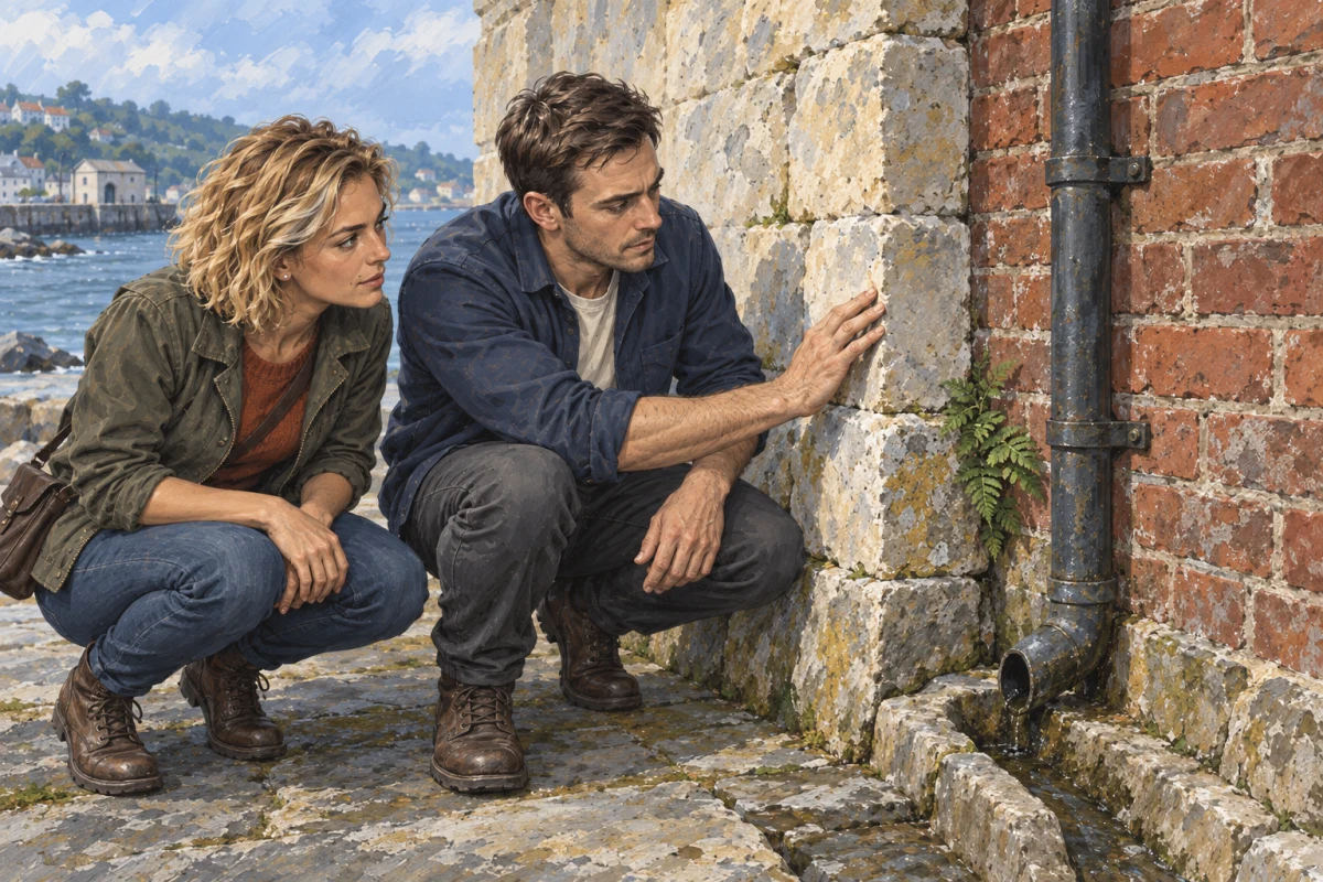 Vic and Kate crouch beside the join between pale stone and red brick, examining the weathered masonry beside a rainwater pipe and drainage channel.