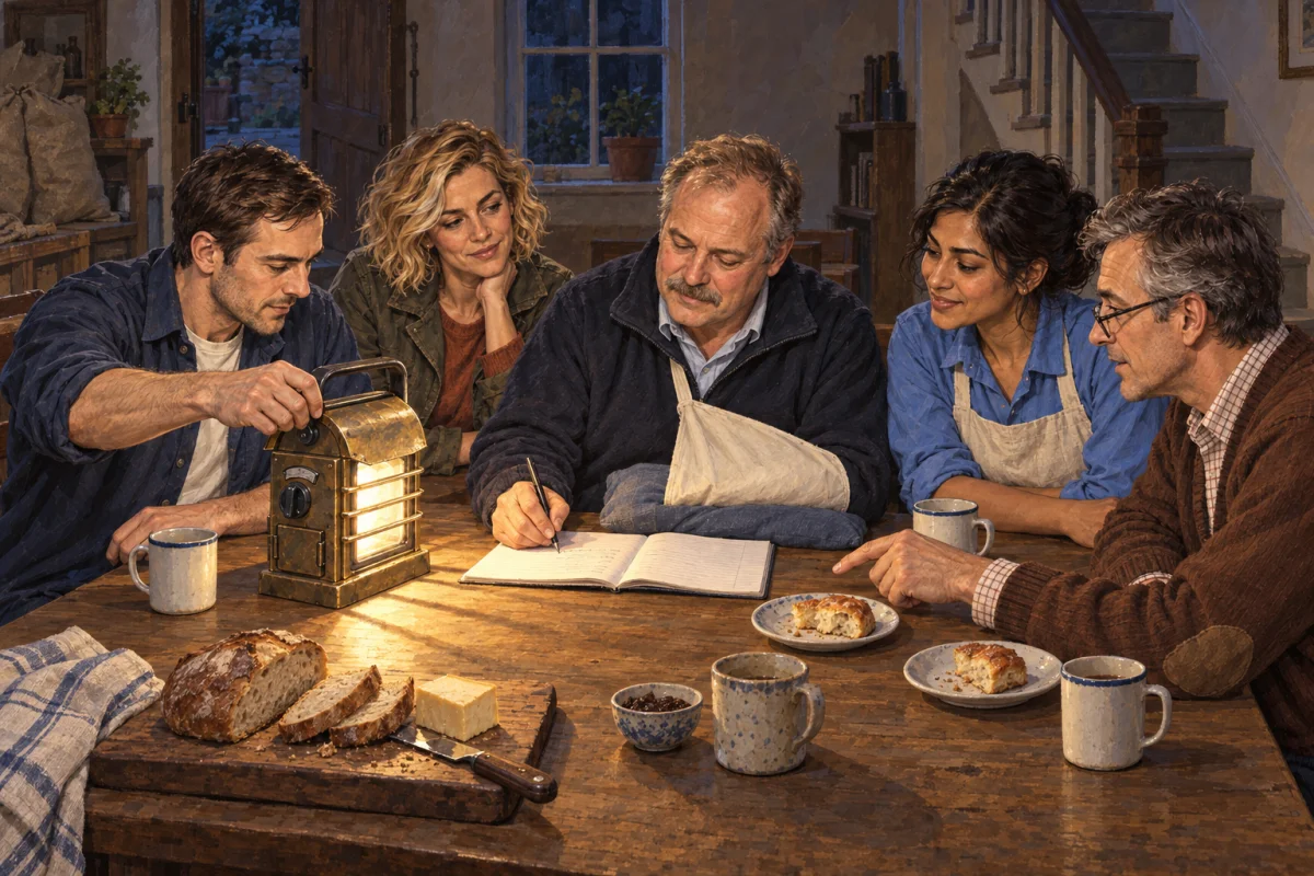 Five adults share the bakery table. Vic adjusts the bronze lamp beside Kate while Owen writes right-handed in an open exercise book, his left arm in a sling above a cushion. Priya and Gordon watch; bread, cheese and two pastry portions sit in the warm lamplight.