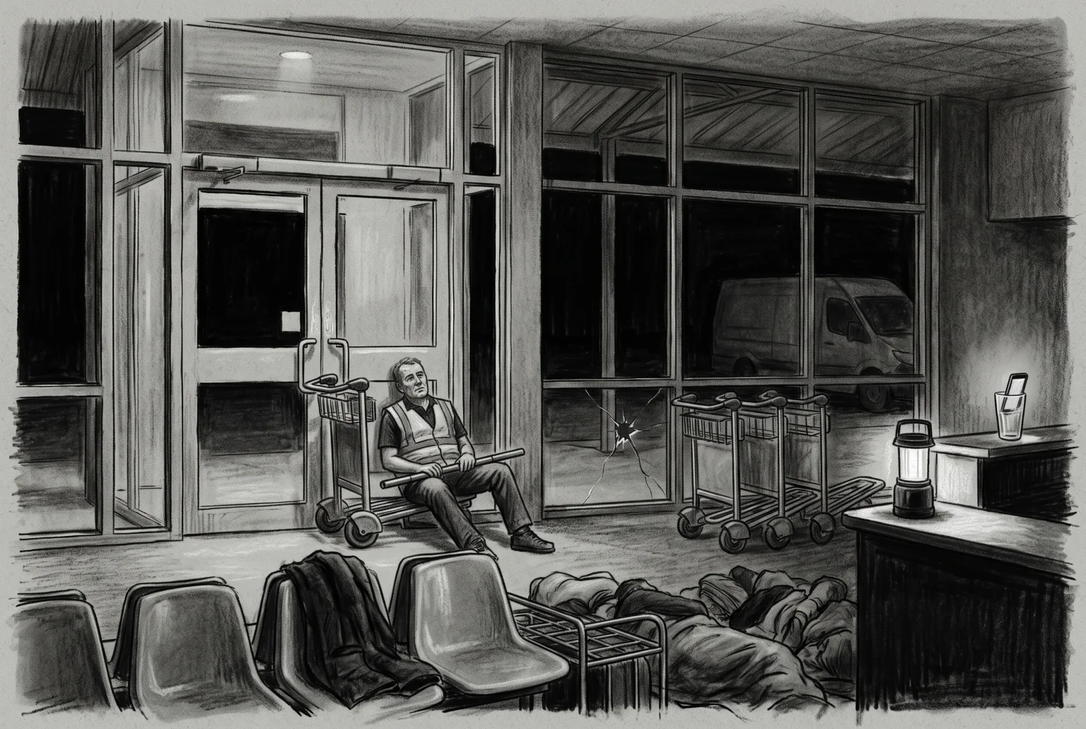 Back in his seat behind the trolley, eyes on the glass, while people passed him on their way through the hall