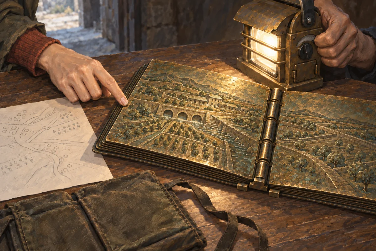 Kate’s paper route lies beside the bronze folio as lamplight reveals the mapped town.