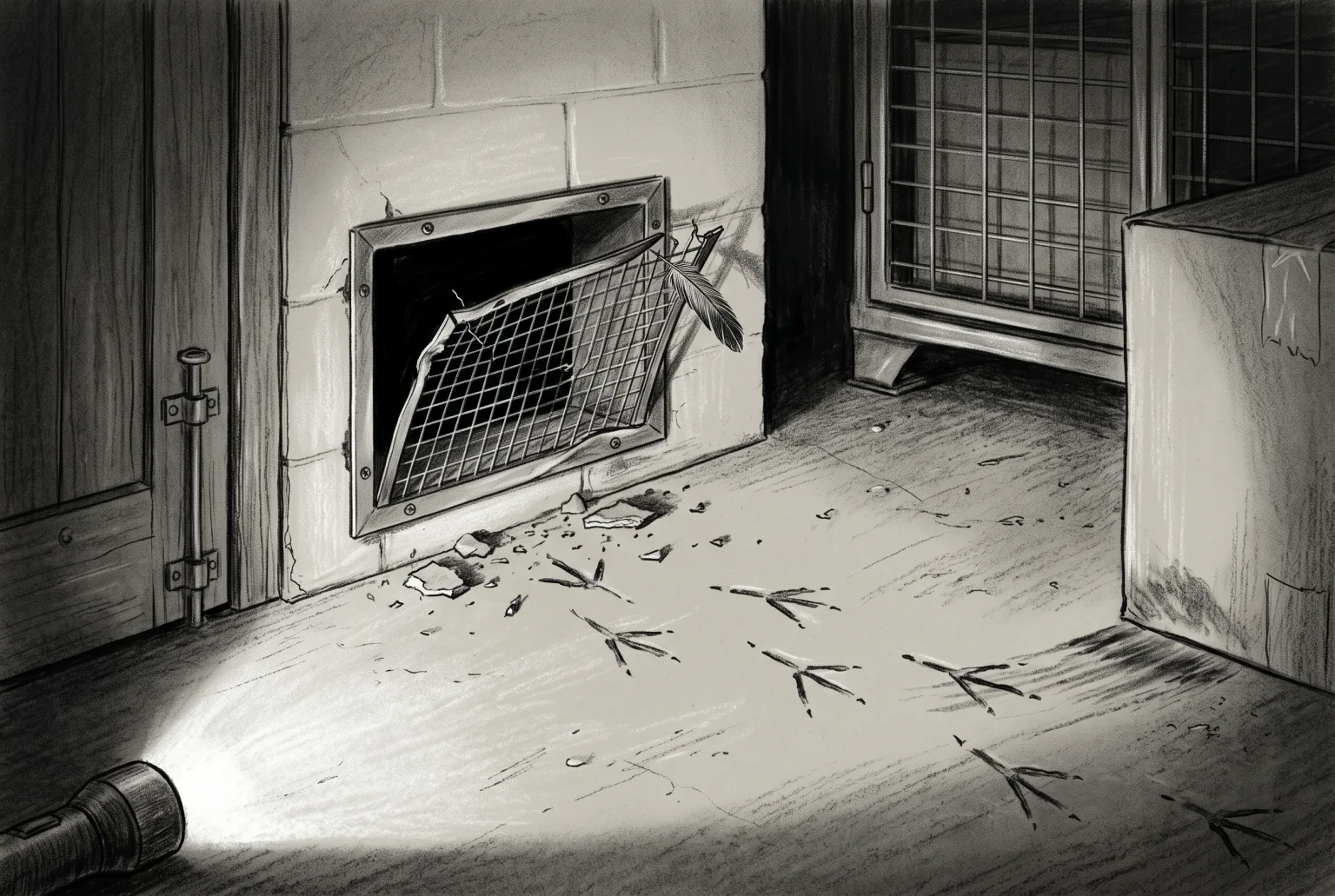 The dust beneath the broken grille had kept the shape of the feet