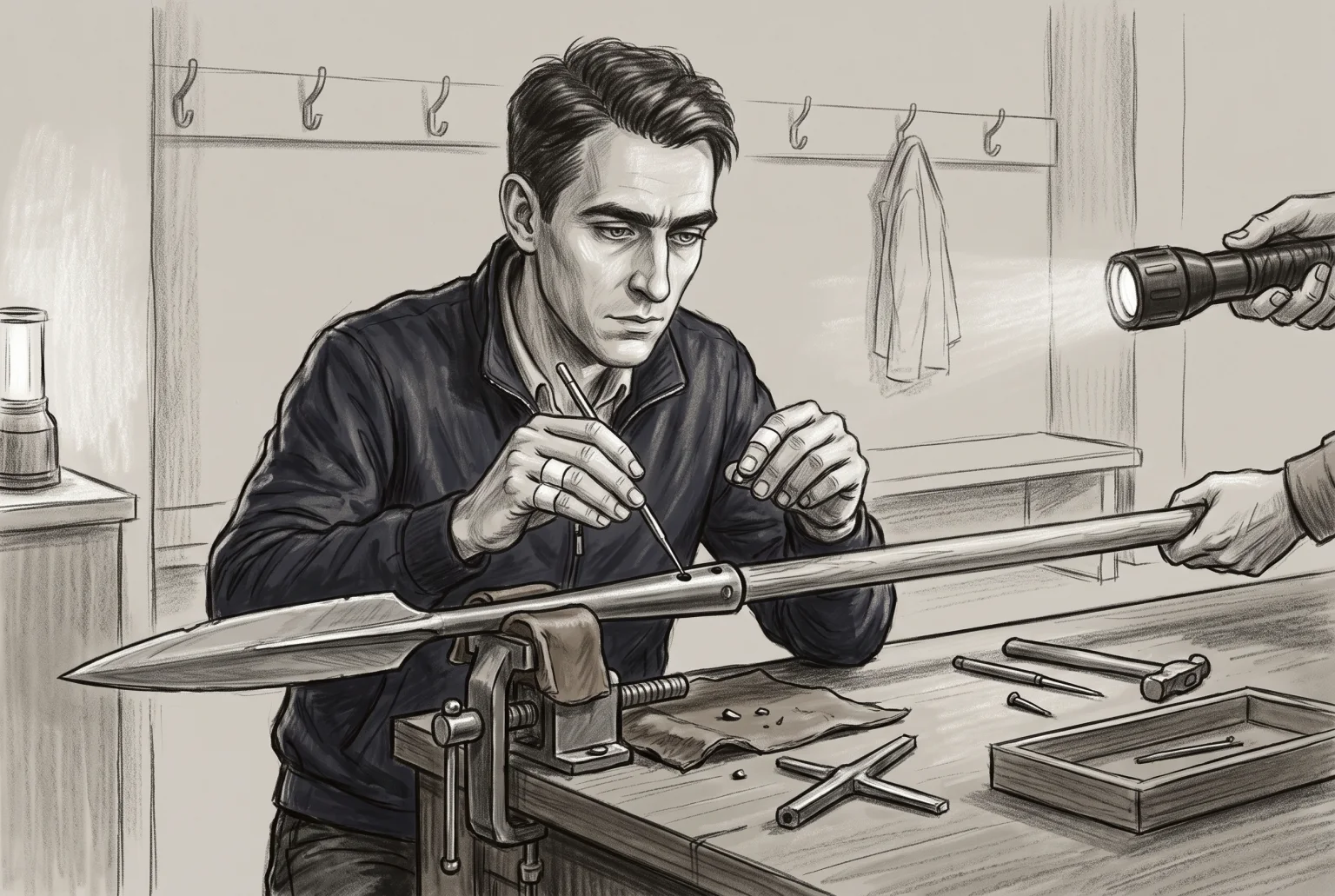 The broken shank came out onto the leather beneath his hands