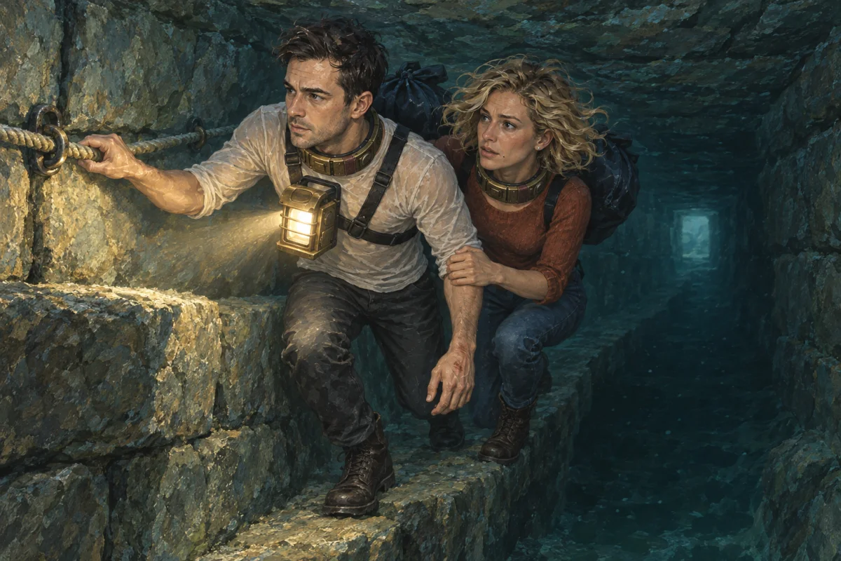Kate grips Vic’s forearm to stop beneath the flooded roof while their lamp stays on the guide line.