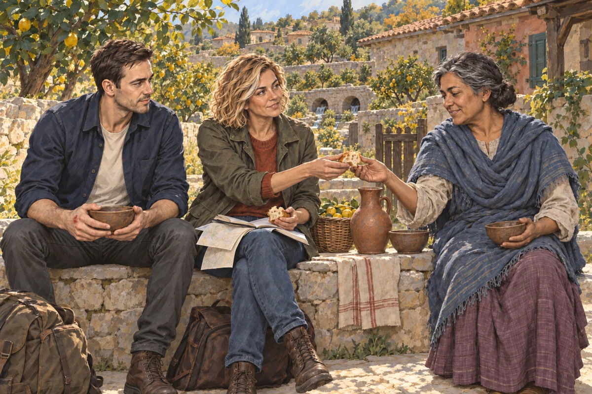 Vic and Kate share hot fruit drink and bread with a basin resident beside their open message book and route drawing.
