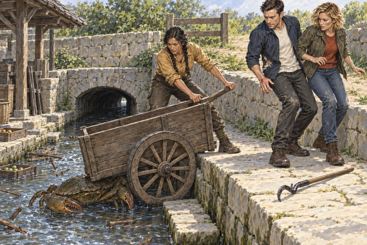 Sava holds the cart across the culvert while Vic and Kate regain the high step.