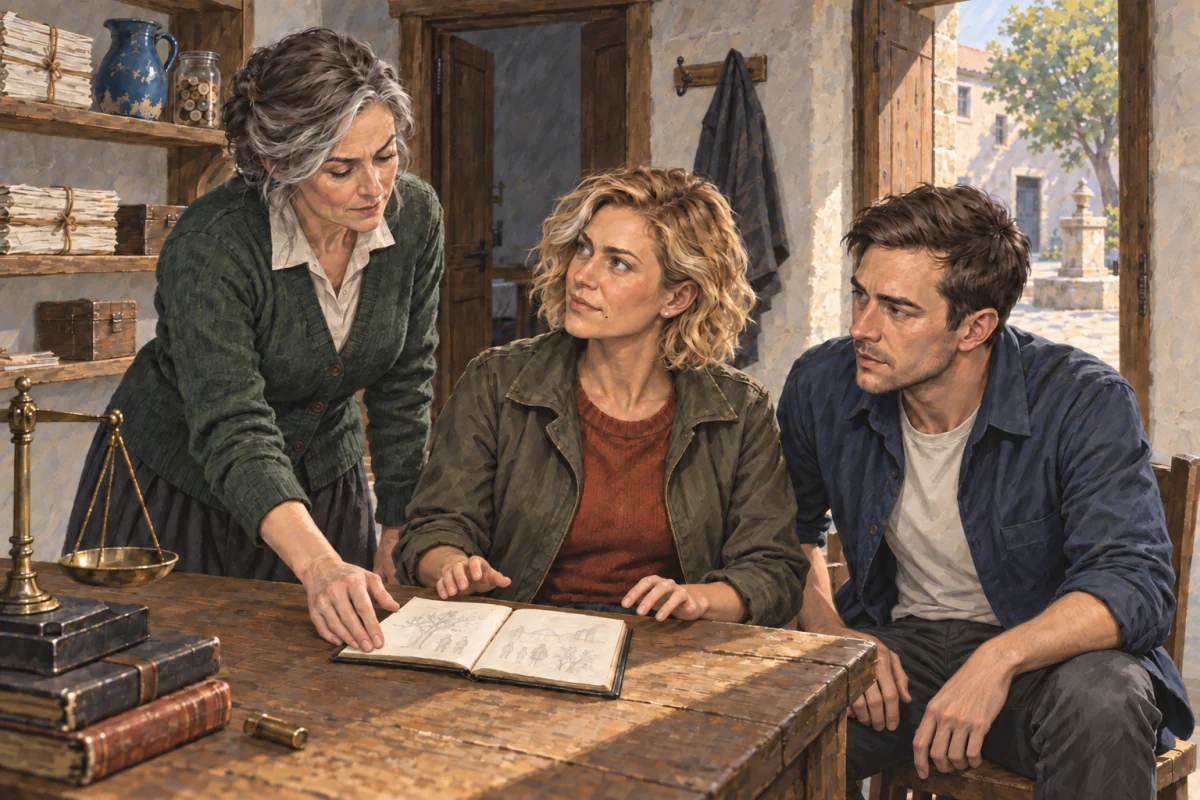 Kate’s open message book lies on Mara’s weighing-house table while Vic listens beside her.