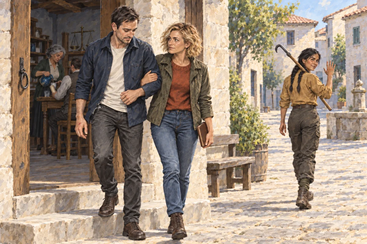 Vic and Kate leave the weighing-house with their enquiry in Kate’s book as Sava heads back towards the garden door.
