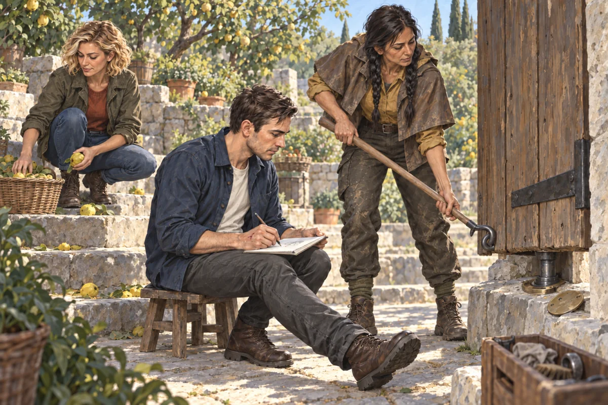 Vic sketches the garden door’s exposed lower fitting while Sava lifts the timber with her hook and Kate sorts fruit nearby.