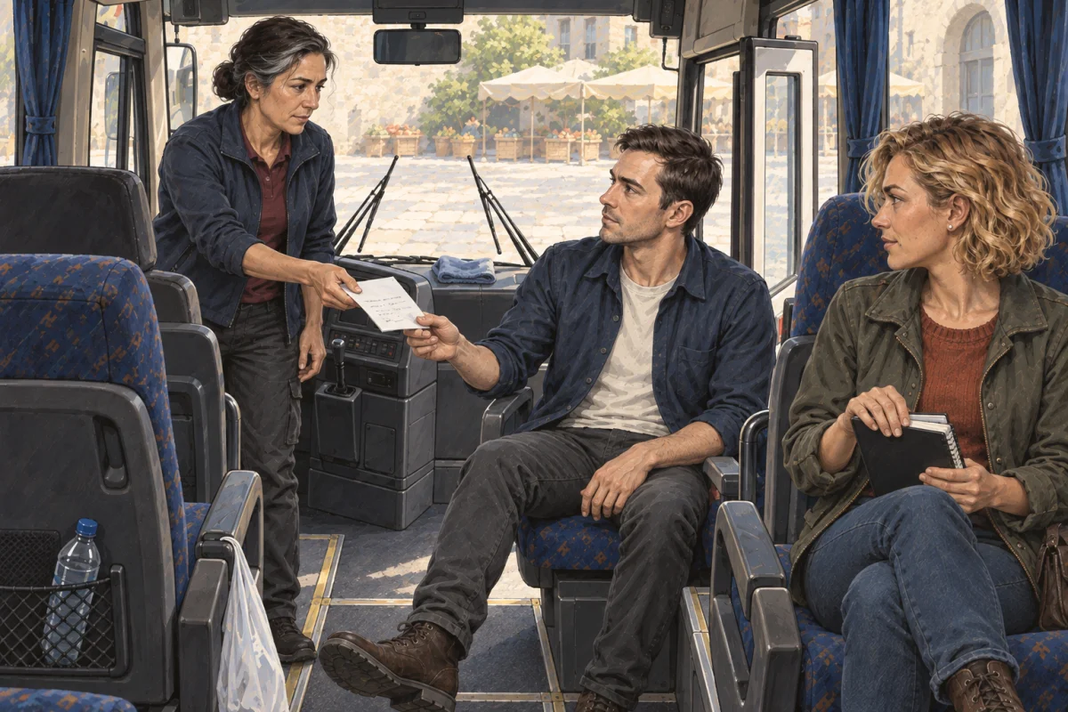 Nadia gives Vic the passengers’ page inside the coach while Kate closes the exercise book beside the newly copied names.