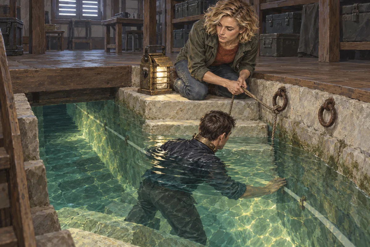 Kate kneels at the top of the flooded stair with the lamp and the line while Vic, collared, pulls himself down into the clear water of the passage.