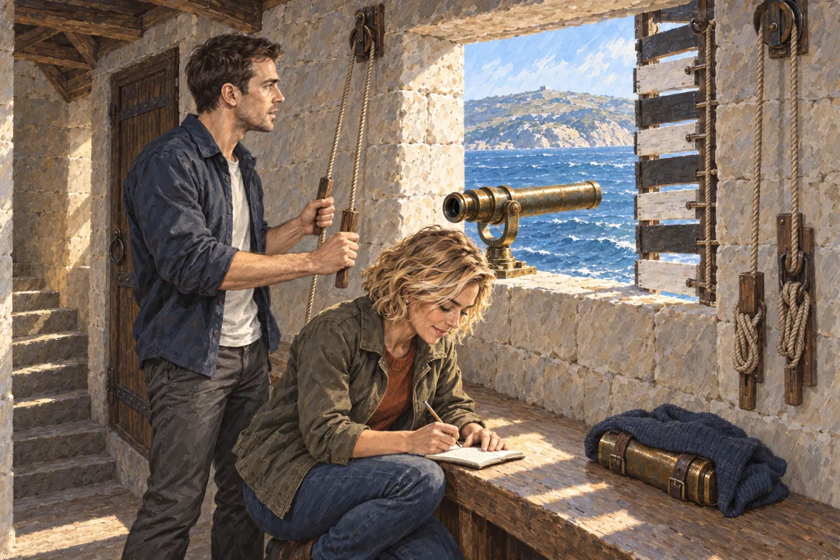 In the tower room, Kate writes at the bench beside the bronze observation tube while Vic stands with the shutter cords still in his hands, the far coast bright in the window.