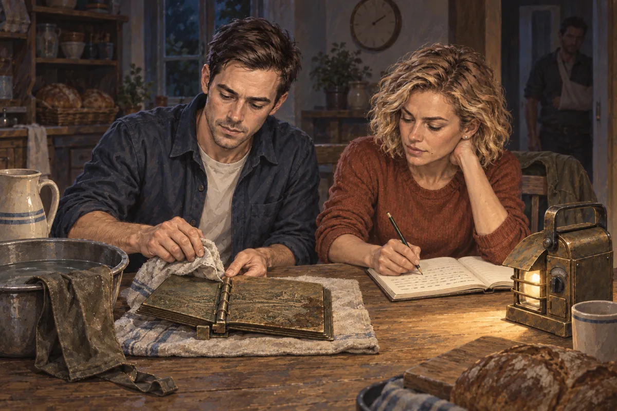 At Priya’s table, Kate copies the answering pattern into her notebook beside the open second folio while Vic dries its hinge with a cloth.