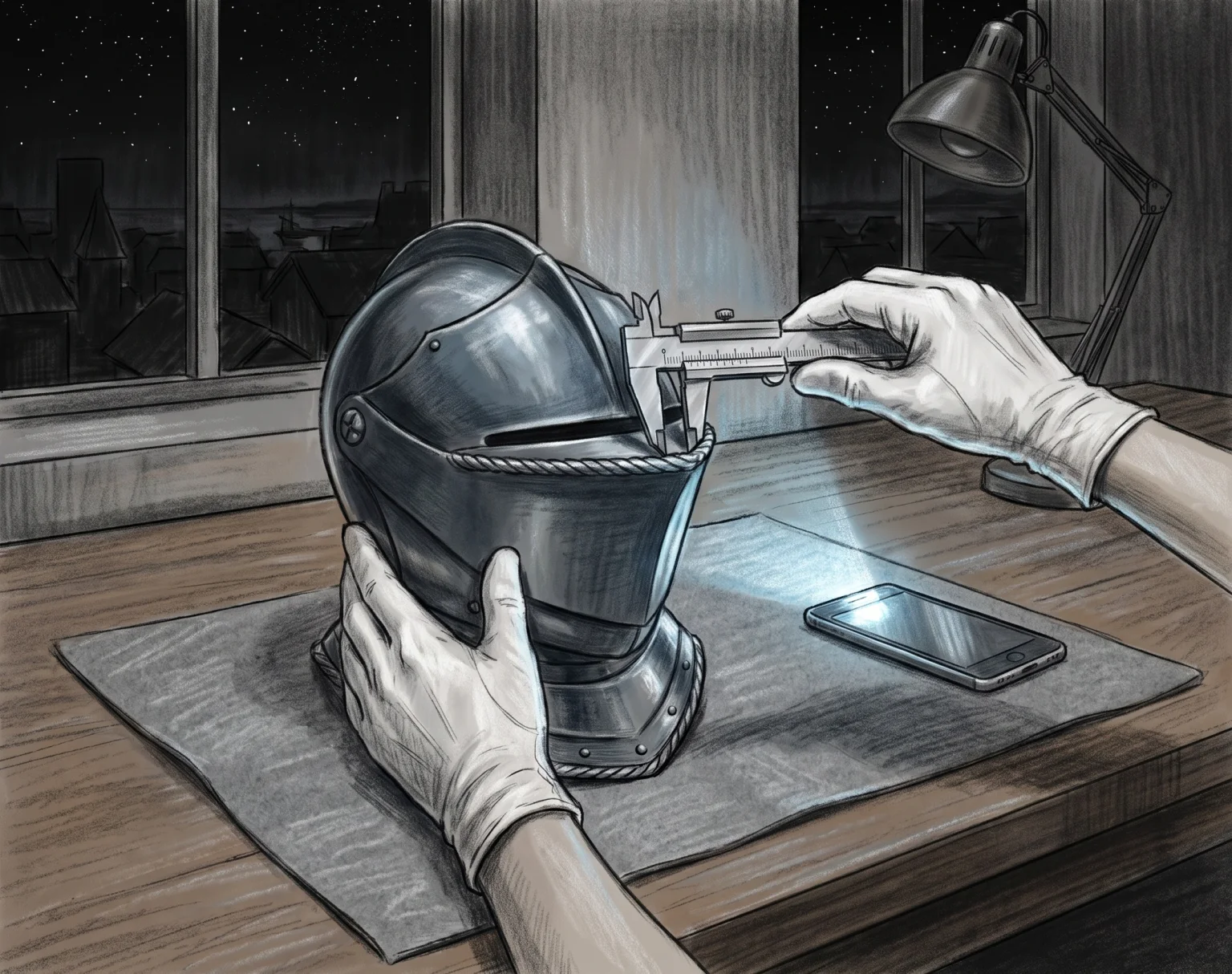 Gloved hands measure an old close helmet with a caliper by the light of a phone torch, the desk lamp dark and stars over the harbour beyond the window.